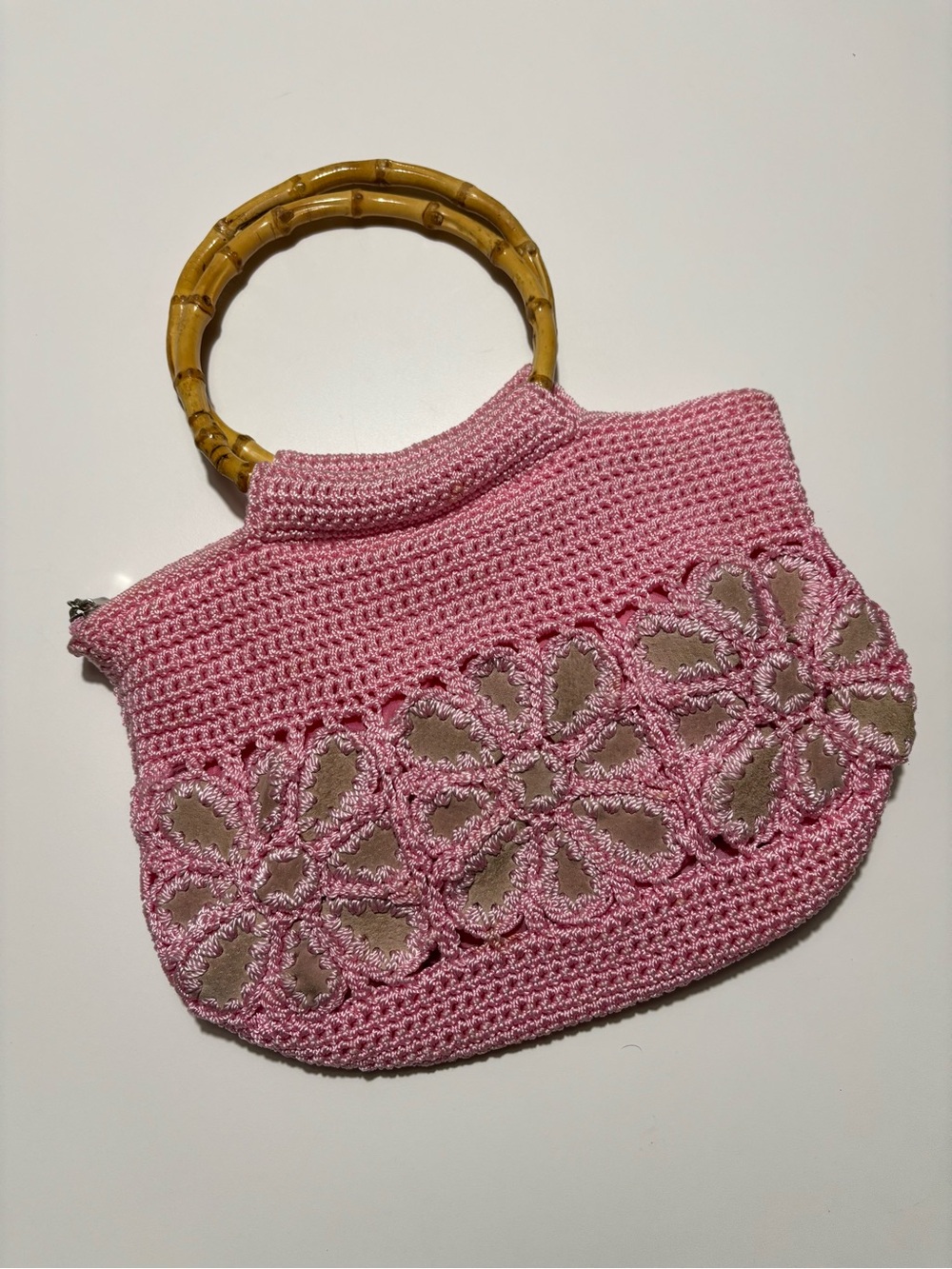 Groovy Pink Crochet Hand Bag With Leather Flower Petals & Bamboo Handles
